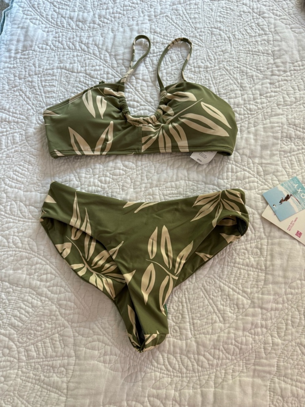 Roxy Olive Green and Cream Leaf Print Bikini Set